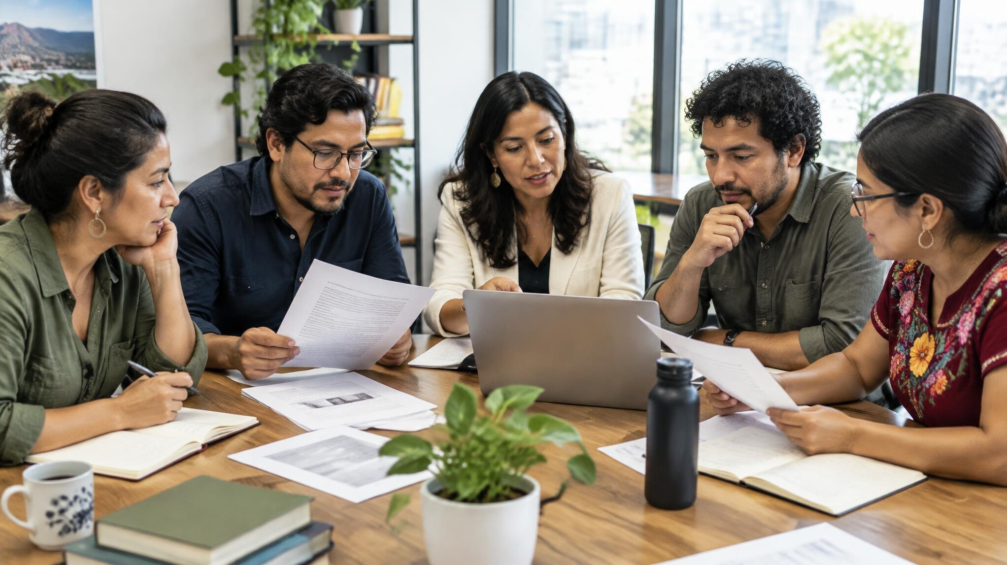Diverse group of editors reviewing documents together at a table