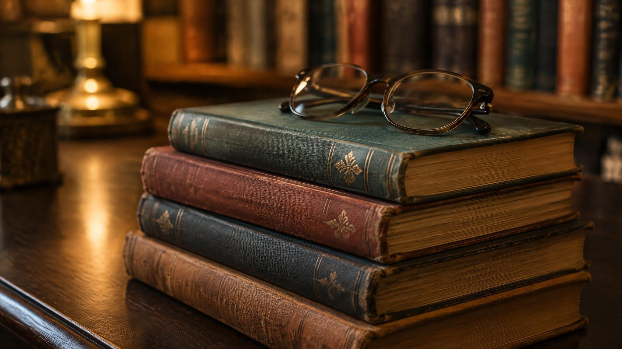 Stack of old books and reading glasses on a library table