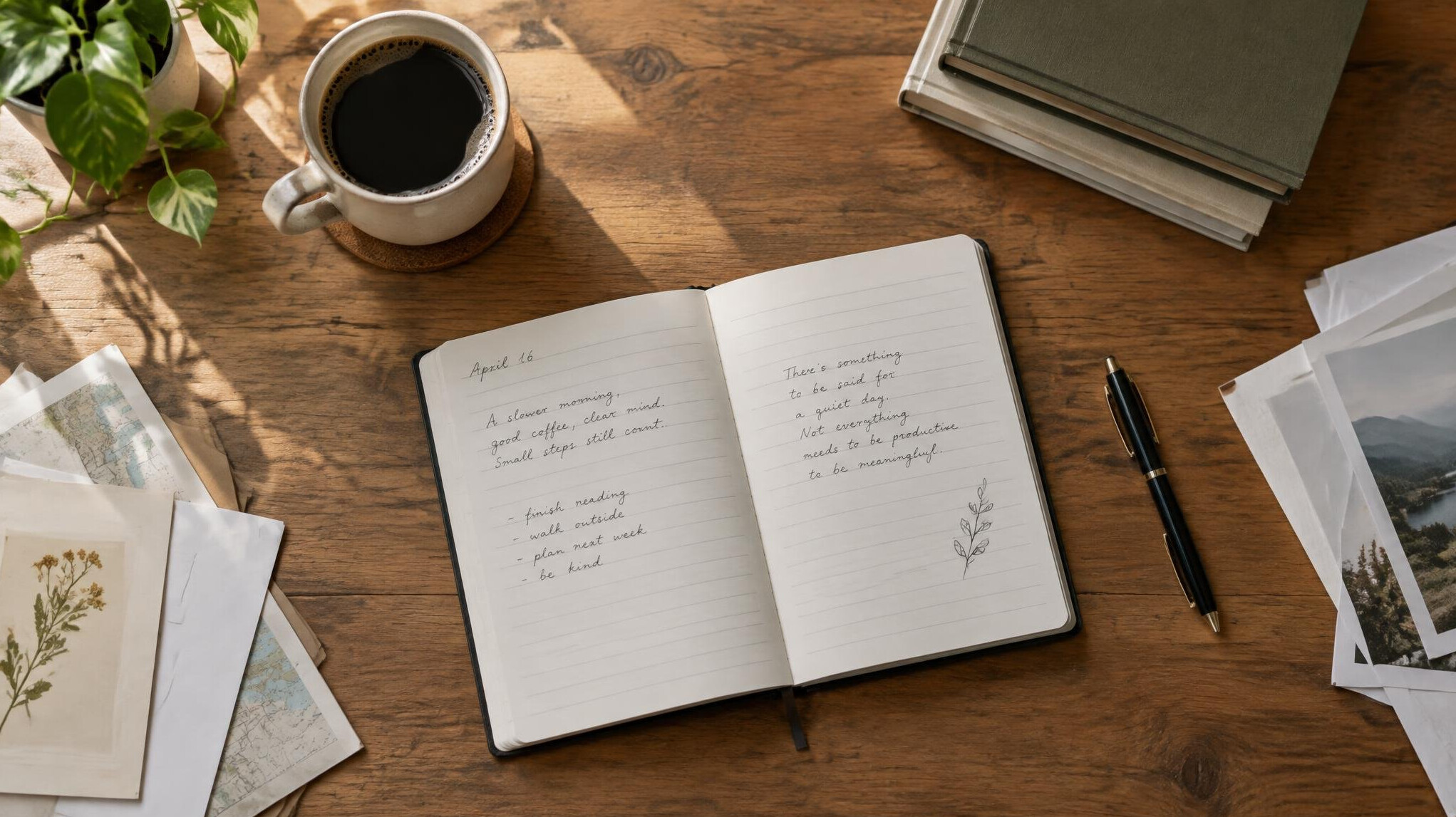 Overhead view of a desk with handwritten notes, coffee and an open notebook