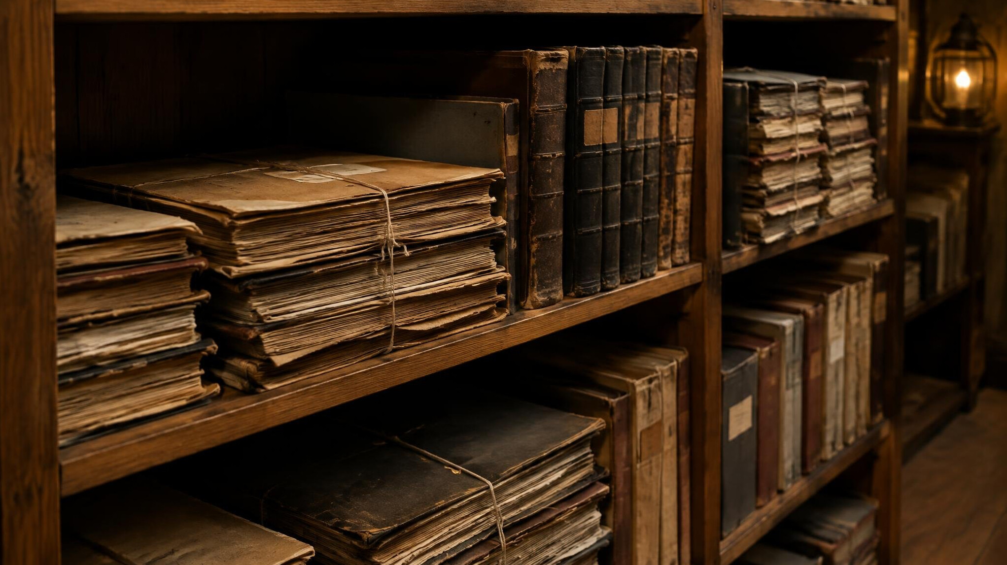 Old archive folders and documents stacked on wooden shelves